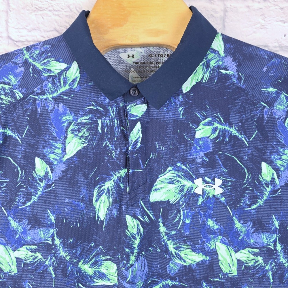 Under Armour Men Iso-Chill Polo Shirt Blue Green Feather Print Golf Top Sz XL